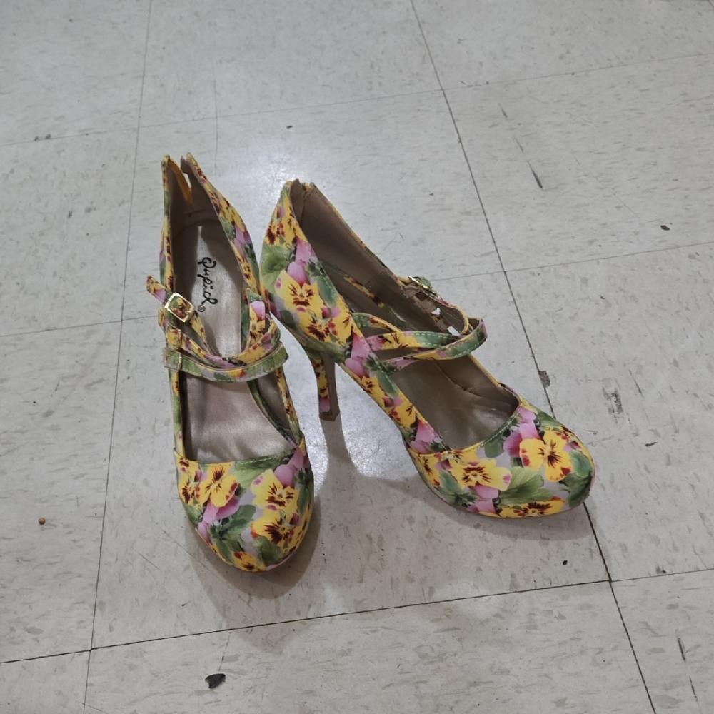 Qupid Floral Yellow and Pink Heels